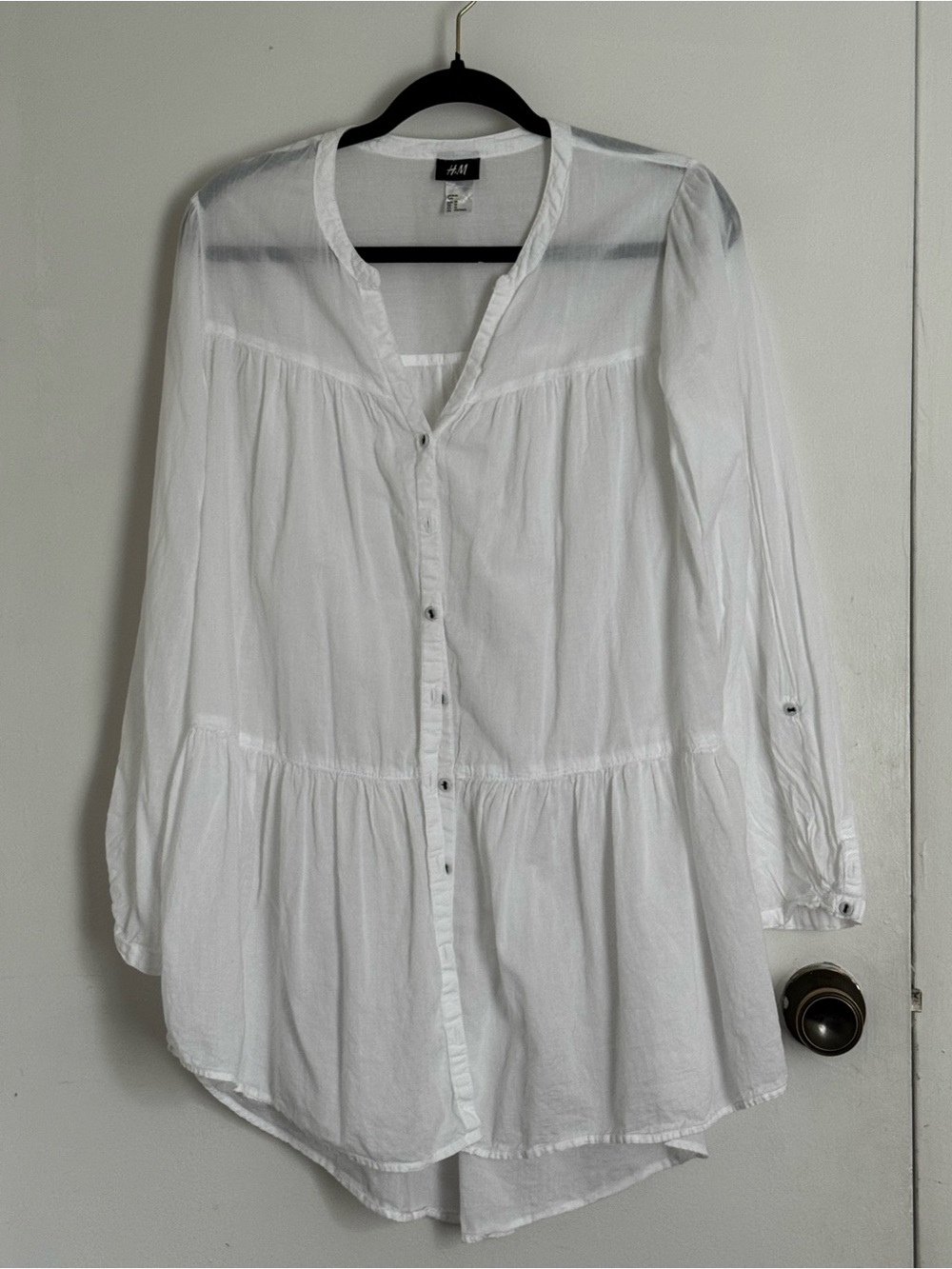 H&M White 100% Cotton Boho Tiered Tunic Blouse - Size 14 / XL